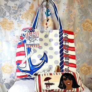 Brighton Canvas Bag (2) Lot: Tote, Clutch, And Unbranded Nautical Keychain
